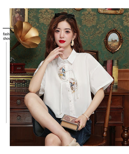 Women's Summer Loose Chinese Style Embroidery Short Shirt Top