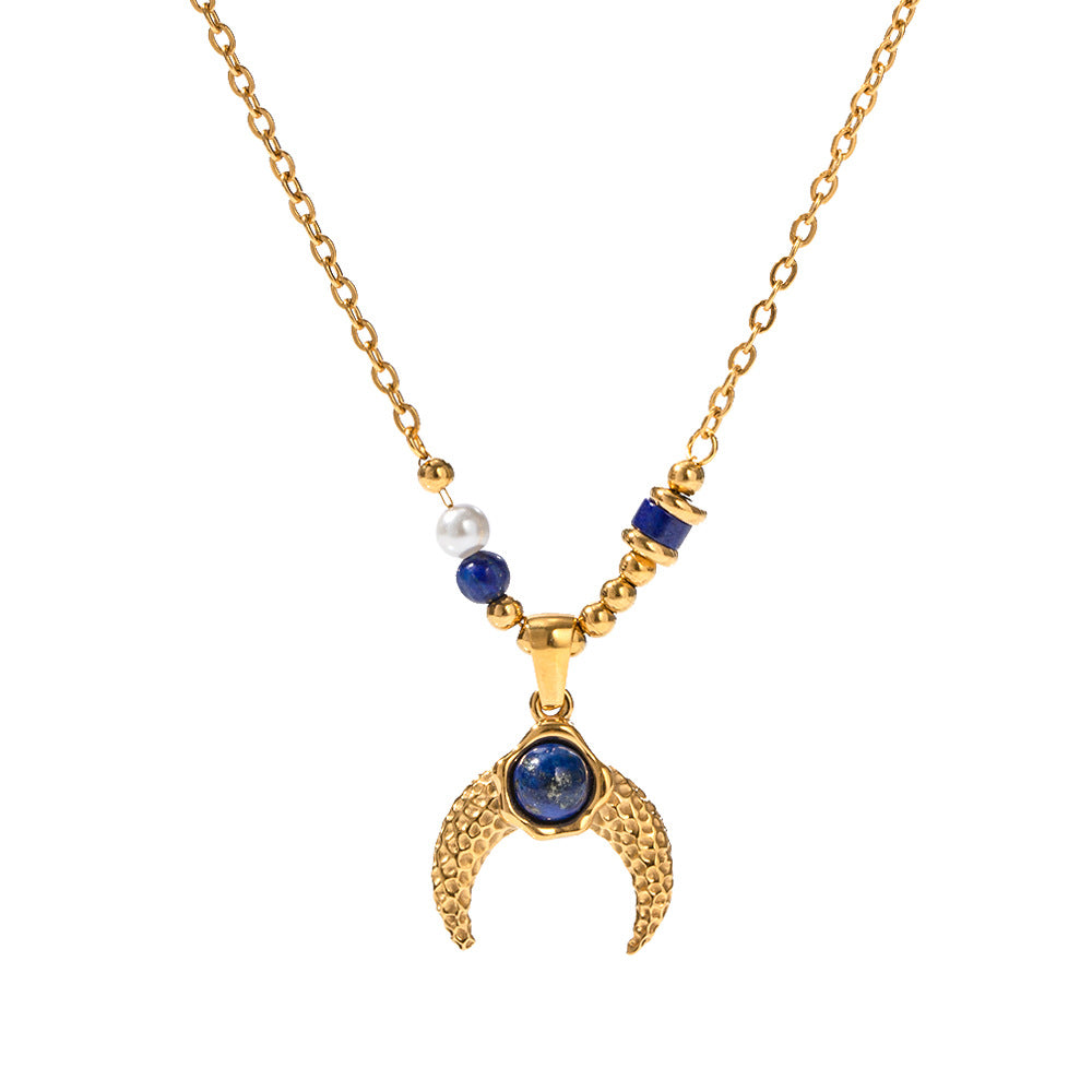 18K Gold Exquisite Simple Inlaid Pearl Lapis Lazuli Horn Design Pendant Necklace