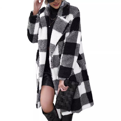 Women's Lapel Long Sleeve Non-buckle Plaid Long Coat