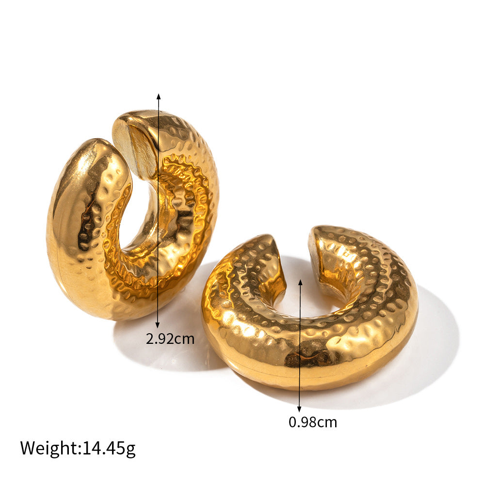 18K Gold Coarse Texture Hollow Cylinder Design Versatile Earrings