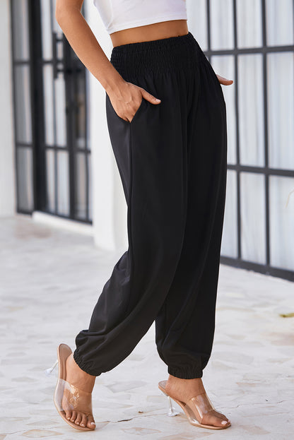 Pantalon de jogging taille haute smocké noir avec poches