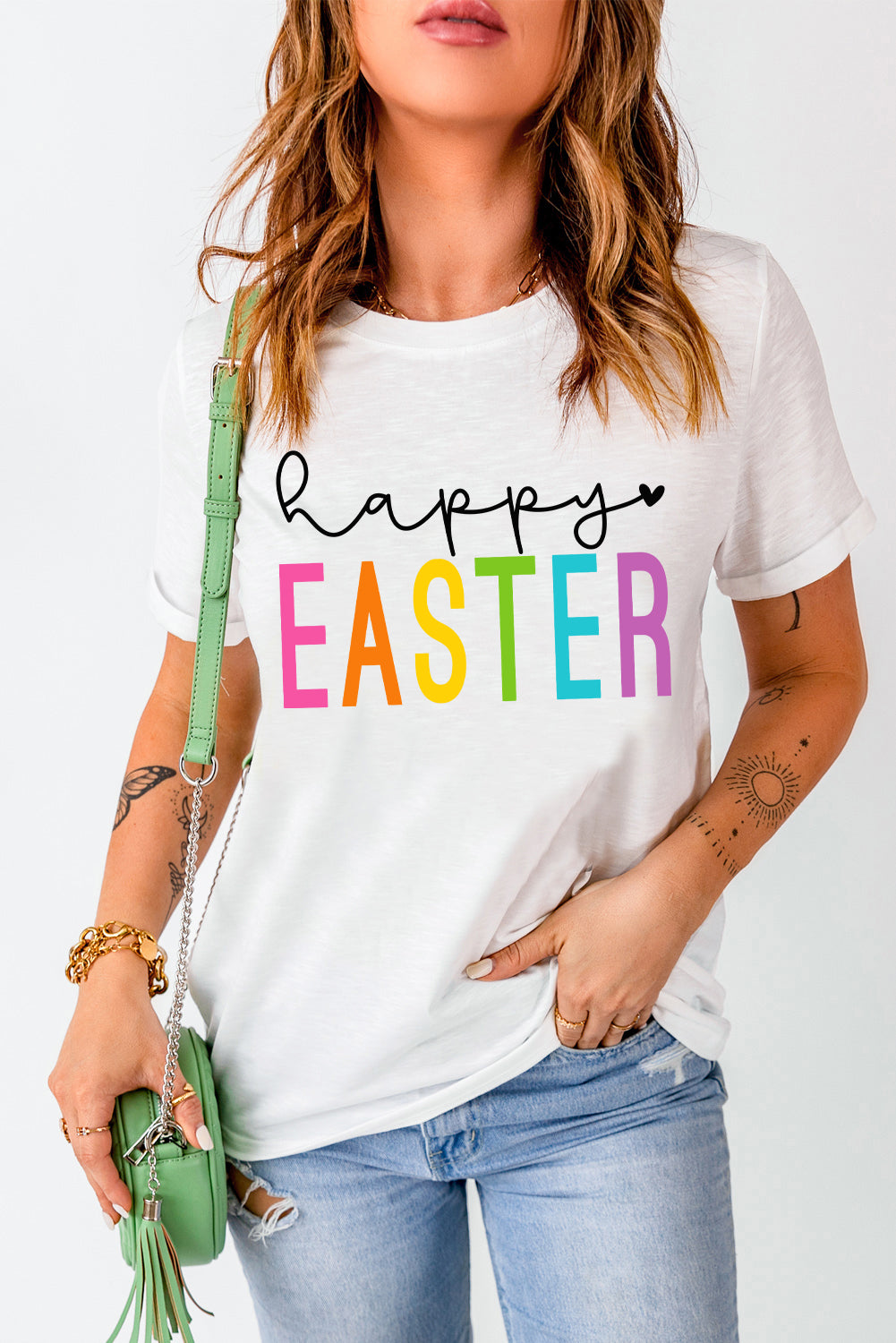 Weißes „Happy EASTER“-T-Shirt mit Rundhalsausschnitt und Buchstabengrafik