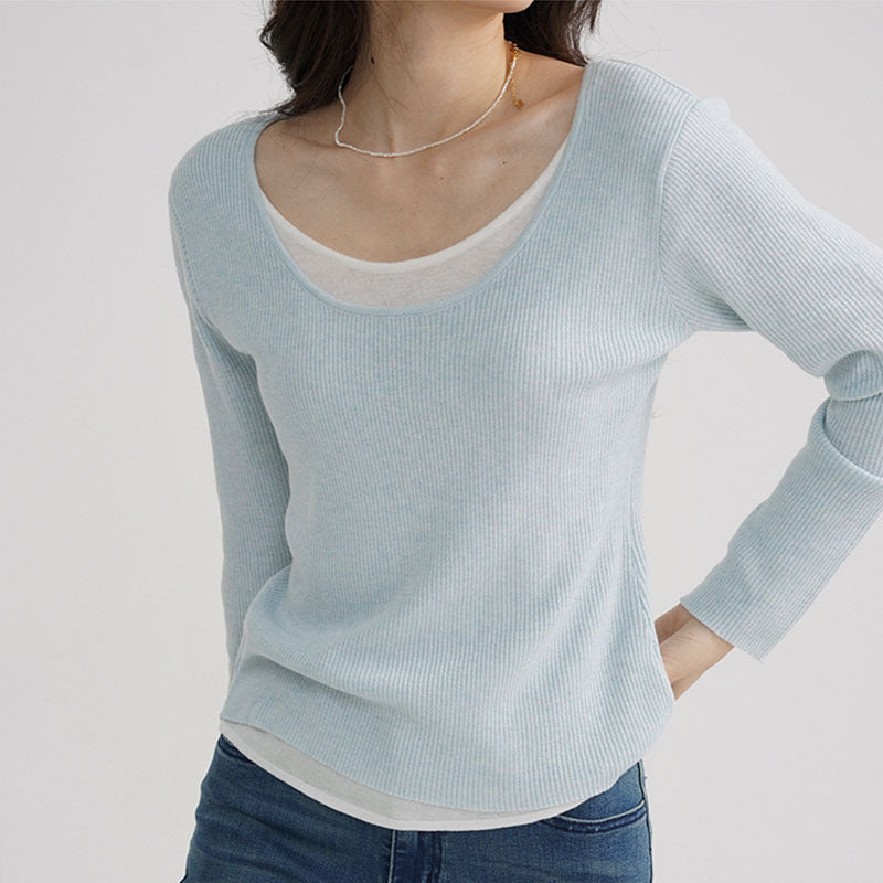 Women's Fake Two-piece Wool Sweater Top Slim Fit