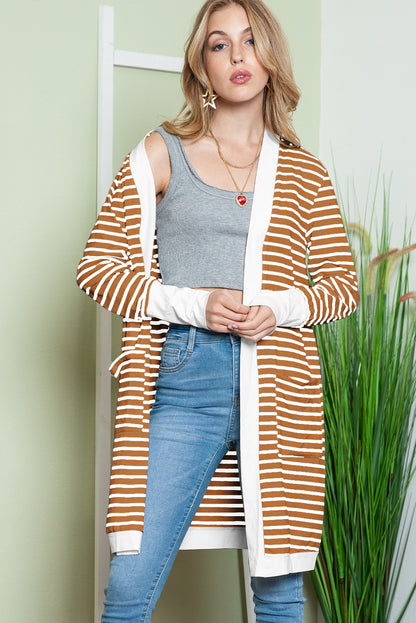 Cardigan long rayé blanc avec poches latérales et devant ouvert