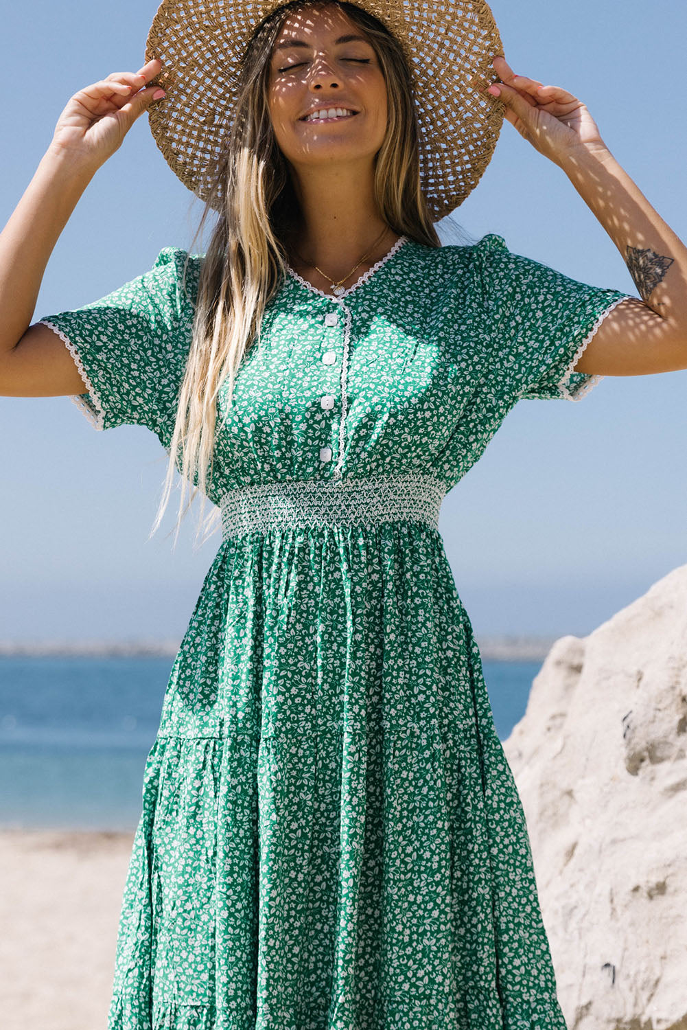 Green Floral Print Lace Splicing Flared High Waist Midi Dress