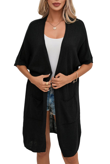 Green Dolman Half Sleeve Pocketed Long Cardigan