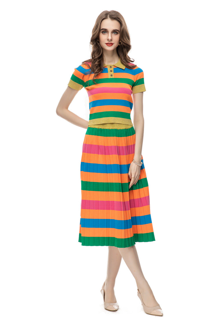 Ensemble de robe mi-longue en tricot coloré pour femmes, décontracté, imprimé, à la mode, haut rayé