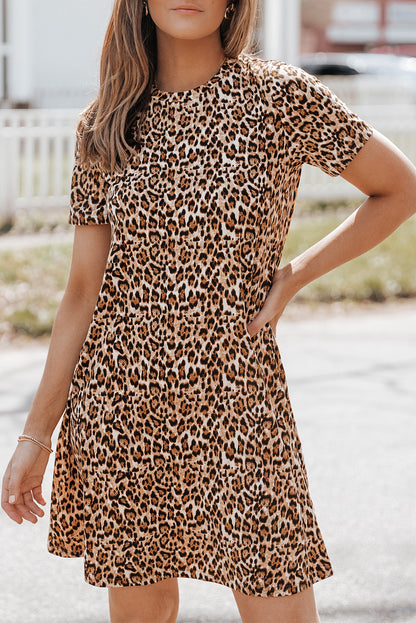 Casual Short Sleeve A-Line Crewneck Leopard Print Dress