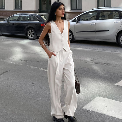 Ensemble deux pièces gilet et pantalon à jambes larges pour femmes, gracieux et à la mode