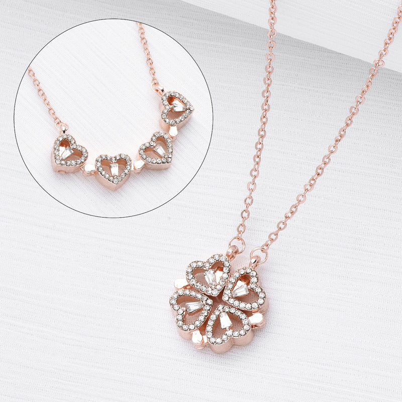 Novel and noble four-leaf clover hollow diamond-set necklace with two-wear design