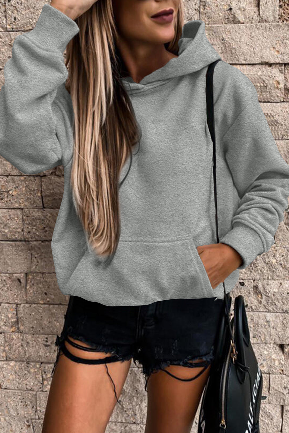 Gray Loose Kangaroo Pocket Hoodie