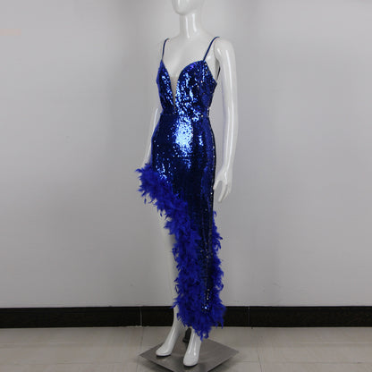 Women's Fashion Temperament Commute Sequined Feather French Strap Dress