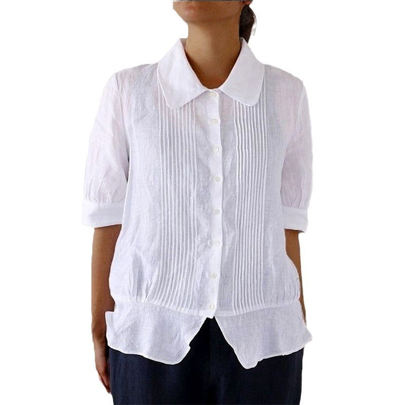 Women's Casual Pleated Peter Pan Collar Short Sleeve Shirt