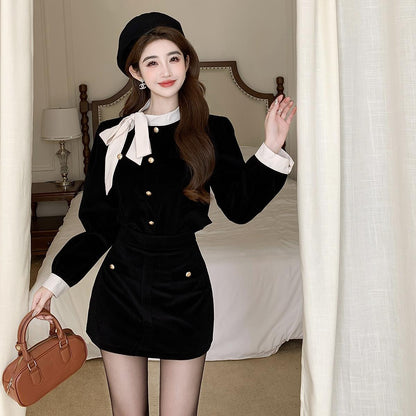 Classic Style French Style Bow Velvet Suit