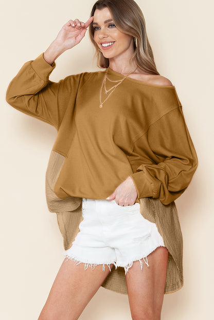 Khaki Crinkled Patchwork Raw Hem Oversized Blouse