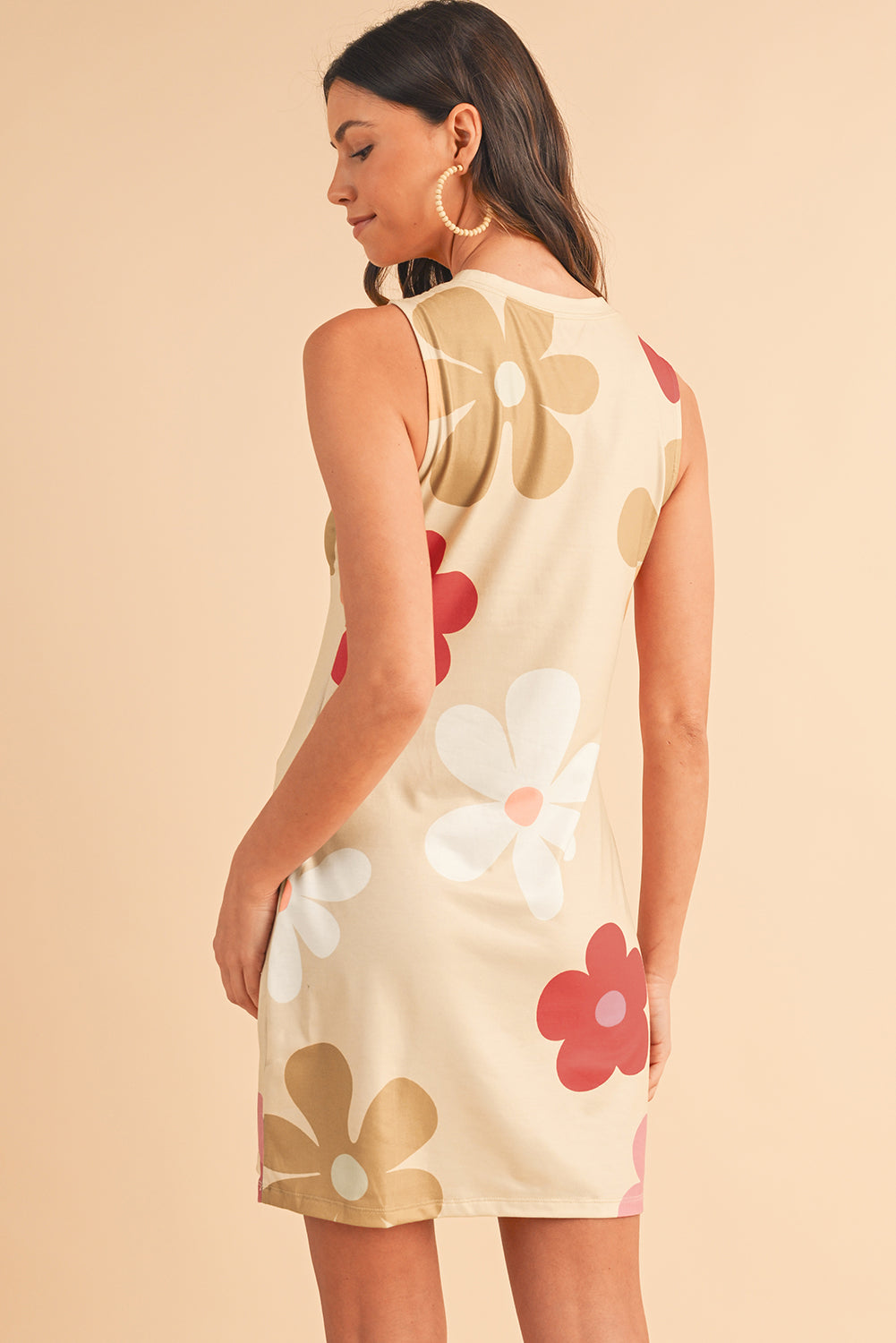 Apricot Flower Print Crew Neck Sleeveless Mini Dress