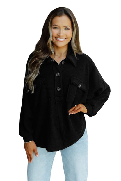 Black Polo Collar Buttoned Patchy Top with Pockets