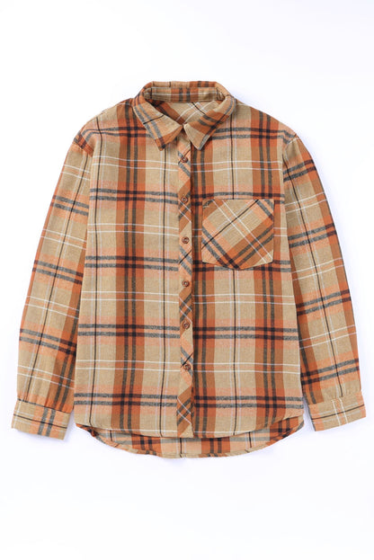 Chemise à manches longues boutonnée avec poche à carreaux orange