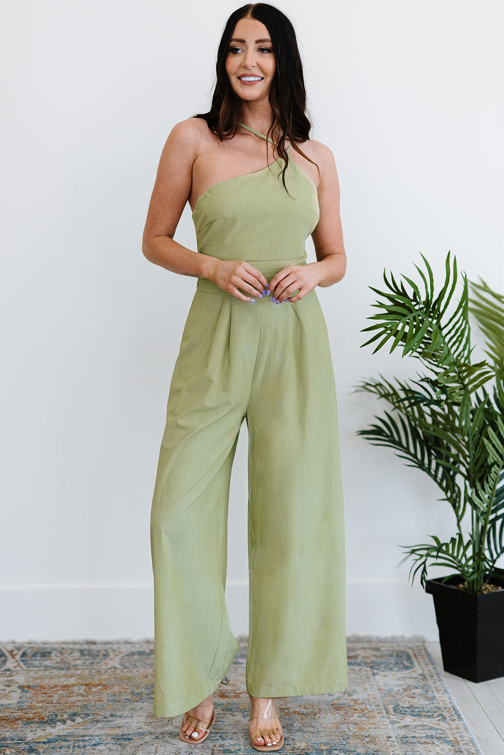 Green Casual Asymmetric Thin Straps Wide Leg Jumpsuit