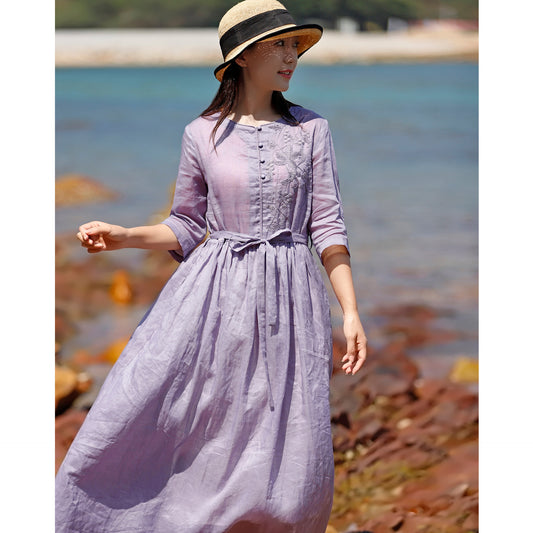 Women's Summer Embroidered Ramie Dress