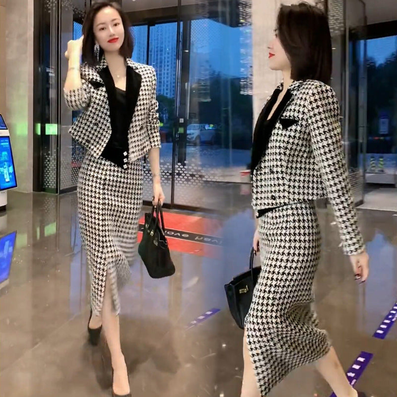 Women's Thousand Bird Plaid Suit Wrapped Hip Skirt Set