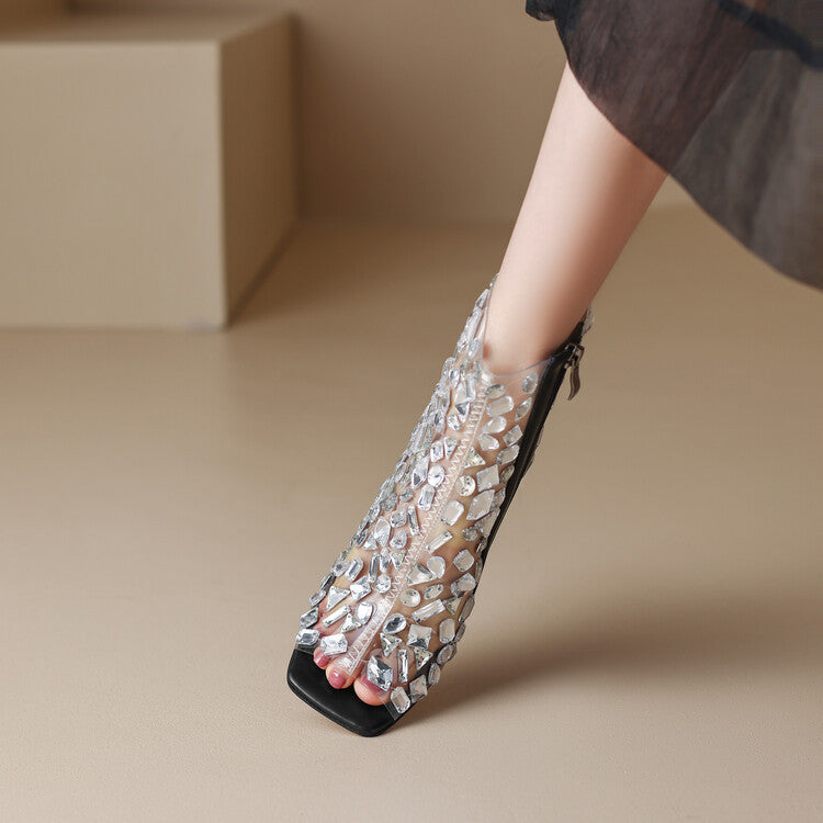 Bottes sandales d'été creuses à talons hauts avec strass de grande taille pour femmes