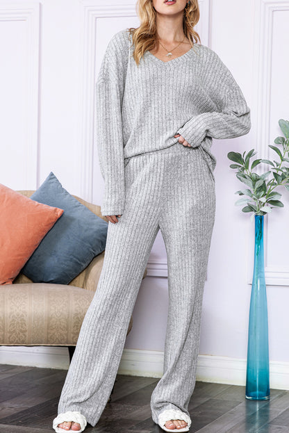 Ensemble haut et pantalon en tricot côtelé ample gris clair à col en V