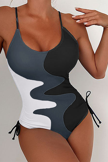 Khaki Color Block Drawstring Sides One Piece Swimsuit