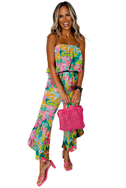 Blue Boho Tropical Print Ruffle Overlay Strapless Flared Jumpsuit