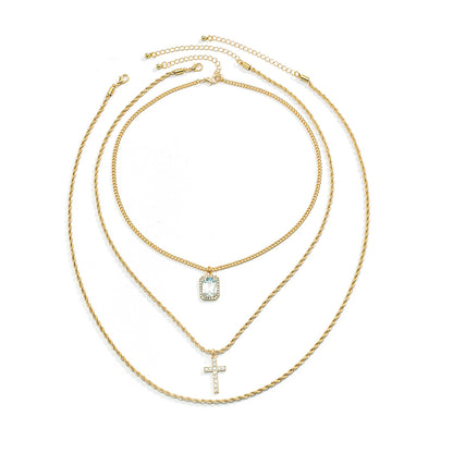 18K gold three-layer stacked with cross design hip-hop necklace