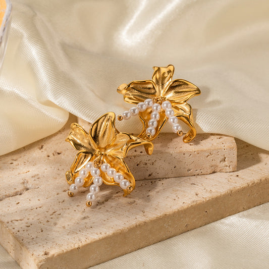 18k Gold Noble Atmosphere Starfish-Inlaid Pearl Earrings