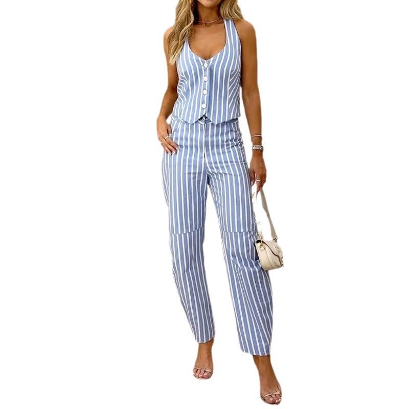 Striped Printed V-neck Sleeveless Suit