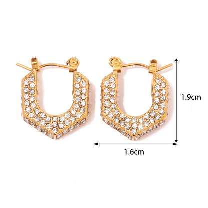 18K Gold Fashion Light Luxury Geometric Inlaid White Diamond Hollow Design Versatile Earrings