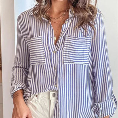 Cotton Polyester Striped Single-breasted Long Sleeve Shirt