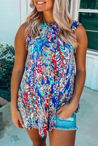 Light Blue Abstract Print Color Block Babydoll Boho Sleeveless Shirt with Ruffle