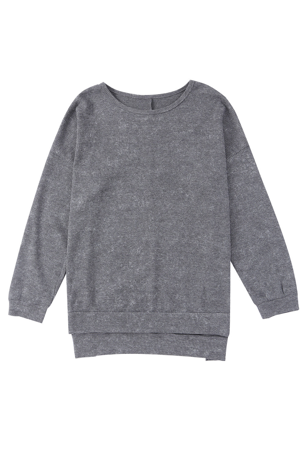 Graues Waffelstrick-Pullover mit seitlichem Schlitz