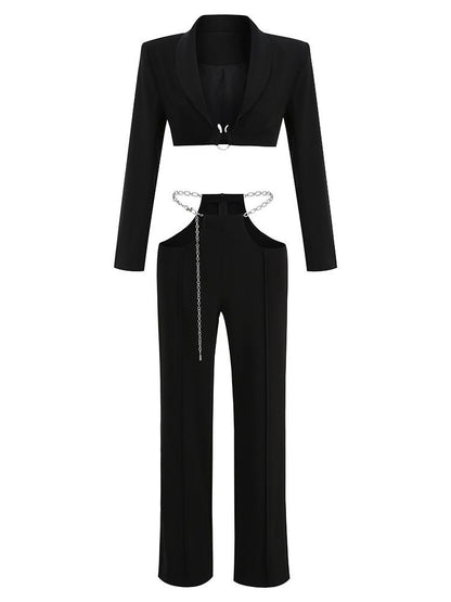 Women's Fashion Casual Suit Chain Belt Trousers Two Piece Set