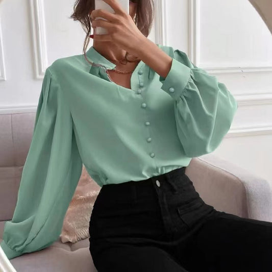 Chemise pour femme à simple boutonnage, couleur unie, col rond, manches longues