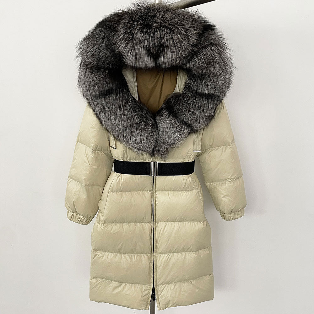 Manteau long à capuche et col en fourrure de renard véritable pour femme