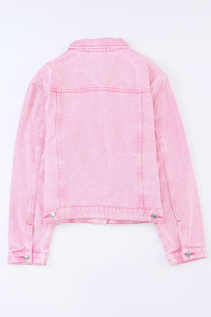 Pink Light Wash Flap Pockets Button Up Denim Jacket