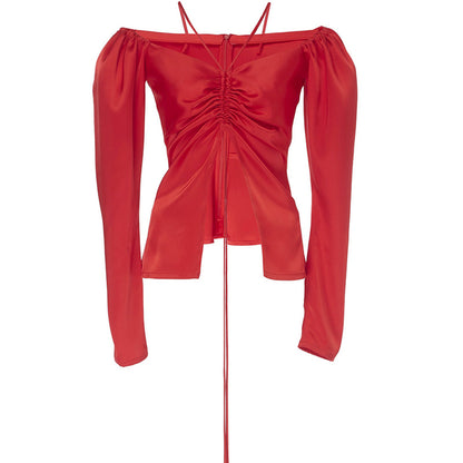 Women's Clothing Solid Color Long Sleeve Off-shoulder With Red Leather Pencil Pants High Waist Two-piece Suit