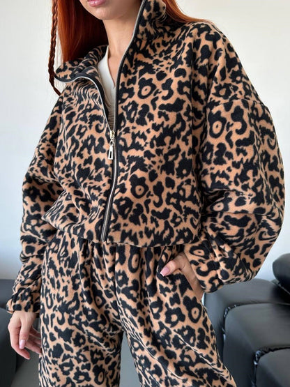 Women's Fashion Loose Leopard Print Zipper Sweater Suit