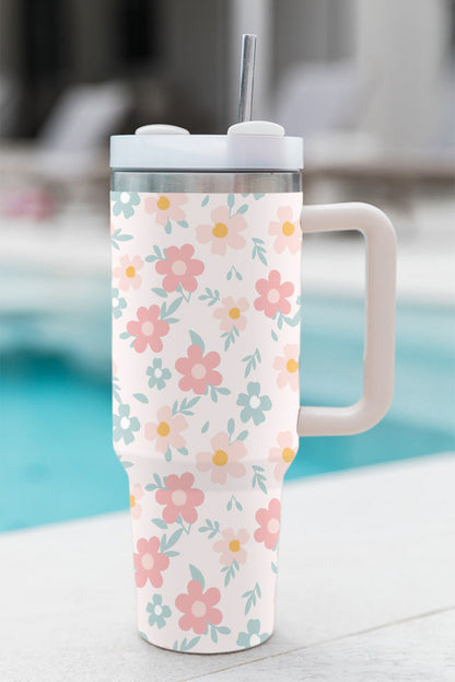 White Floral Pattern Stainless Vacuum Cup with Handle 1200ml