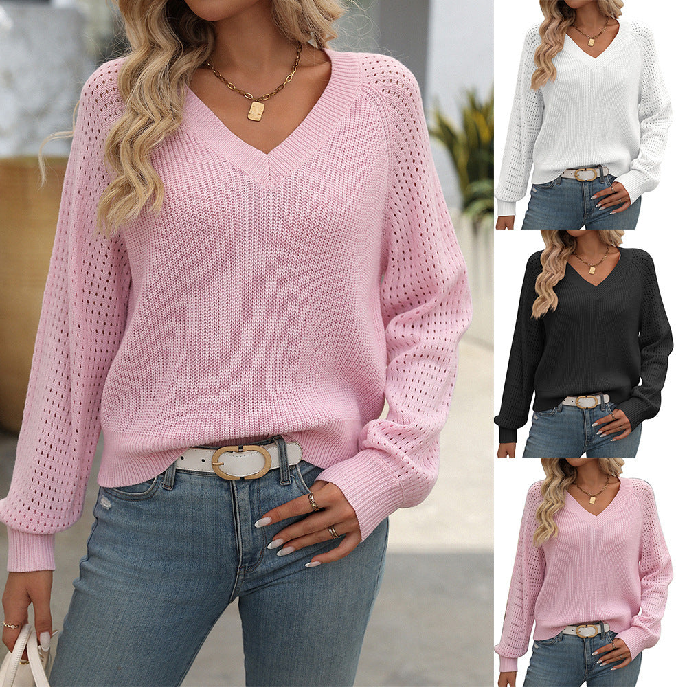 Pull tendance à manches longues et col en V pour femme