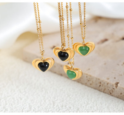 18K Gold Vintage Fashion Heart Shape Inlaid Gemstone Design Necklace Earrings Set