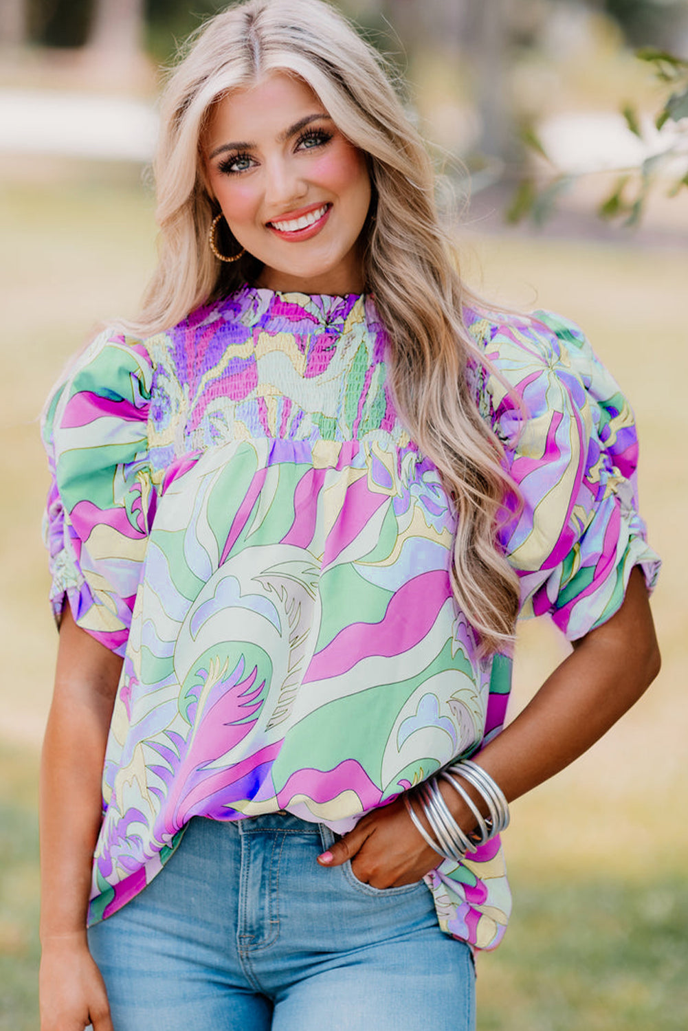 Pink Abstract Print Smocked Bubble Sleeve Blouse