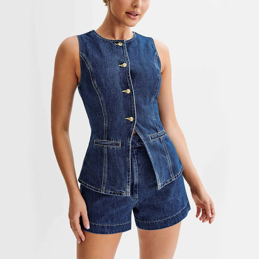 Costume d'été en Denim à la mode pour femmes, ensemble décontracté sans manches, gilet à boutons et short taille haute, ensemble pour vêtements pour femmes