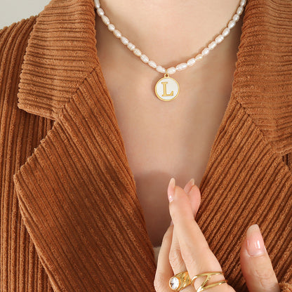 18K gold exquisite and noble pearl chain with round inlaid gemstones and 26 English letters design necklace