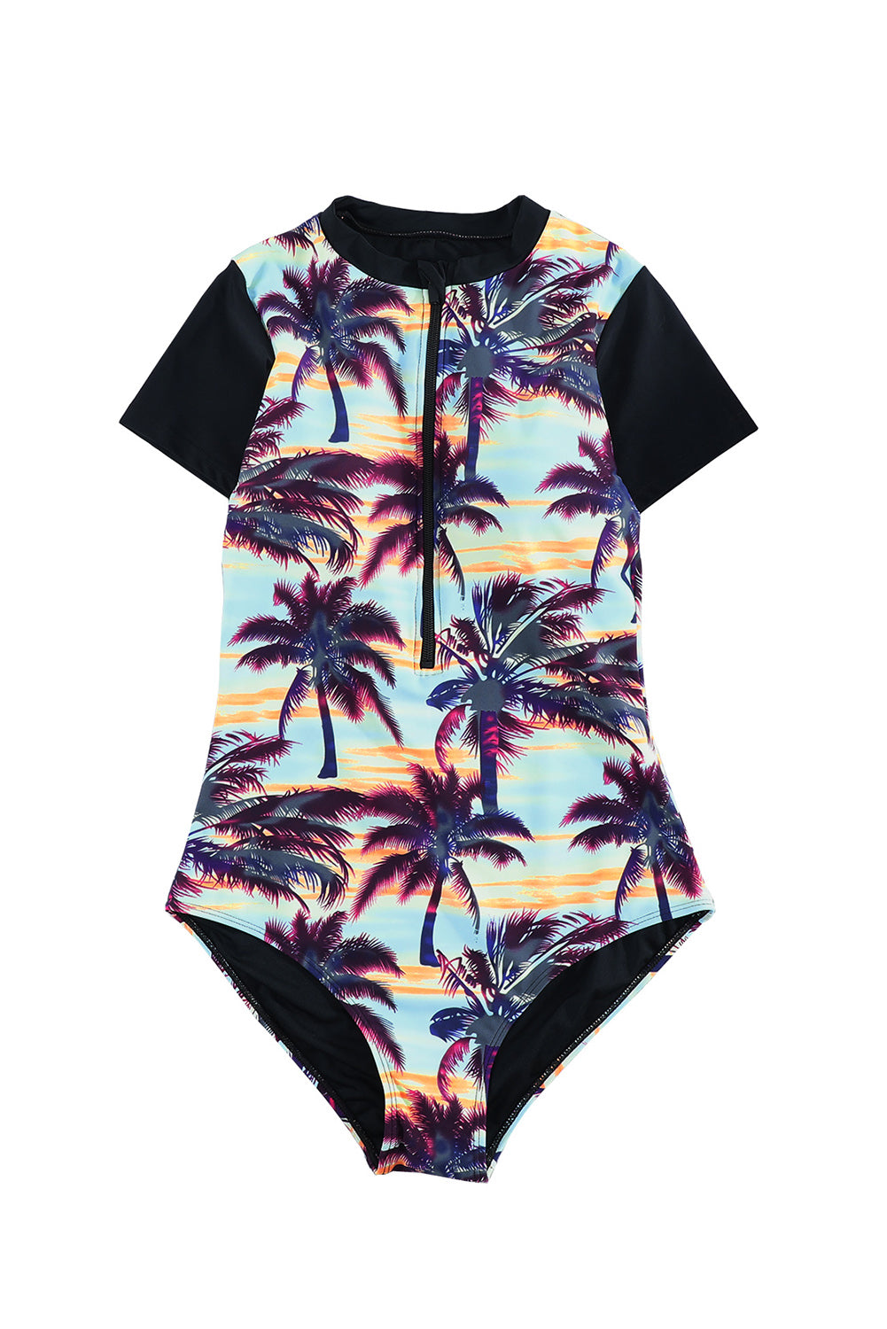 Beach Sunset Zip Front Half Sleeve One Piece Swimsuit