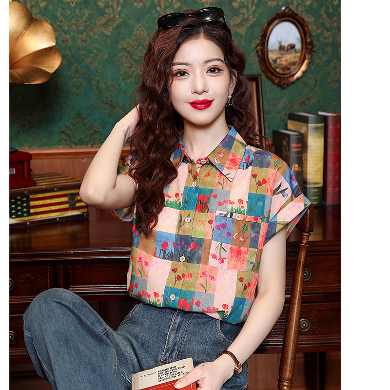 Women's Summer Hong Kong Style Retro Loose Color Matching Plaid Printed Shirt